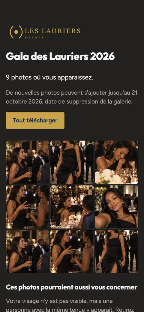 Gala des Lauriers : galerie de l'invité, fond sombre et doré